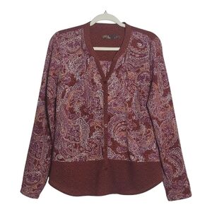 Prana Large Burgundy Paisley Button Down Shirt Boho Chic Cottagecore Lightweight